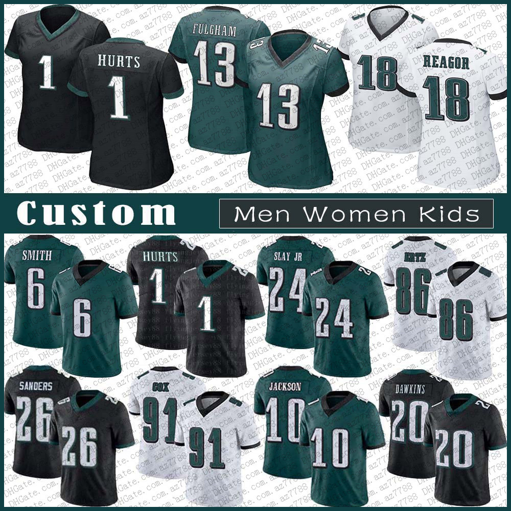 

1 Jalen Hurts 18 Reagor 6 DeVonta Smith Custom Men Women Kids Football Jersey 26 Miles Sanders 91 Fletcher Cox 86 Zach Ertz 62 Jason Kelce 5 Joe Flacco 20 Brian Dawkins, Shown