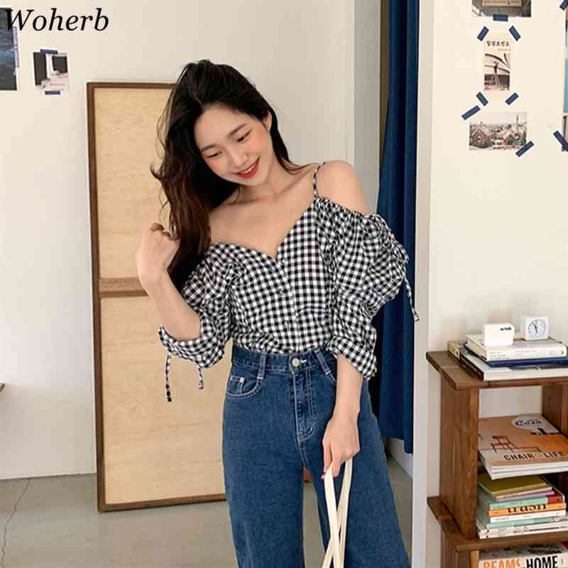 Plaid Sexy Spaghetti Strap Blouses Women Vintage Off Shoulder Loose Korean Shirts Casual Bow Lace-up Blouse Tops Mujer 210519