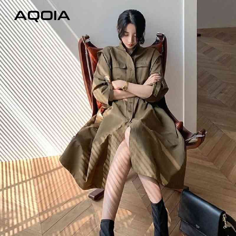 Fashion Spring Safari Style Wrist Sleeve Women Dress Chic Button Up Sashes Turn-Down Collar A-Line Trench 210521