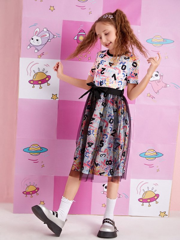 Girls Number Print Contrast Mesh Dress SHE