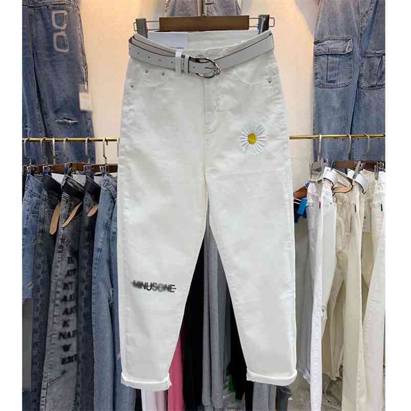 Spring Summer Korea Fashion Women High Waist White Harem Pants Daisy Embroidery Loose Casual Cotton Denim S284 210512