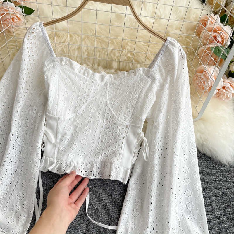 Fashion Women Court Square Long Sleeve Thin Lace Shirt Tops Lady White Elegant Blusas Rojas Mujer Blouse R477 210527