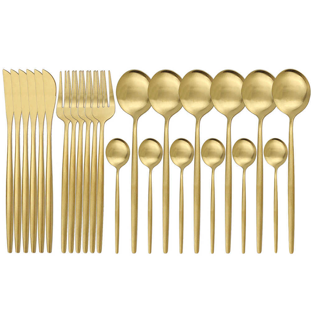 JANKNG 24Pcs Gold Matte Cutlery Set Stainless Steel Dinnerware Set Knife Fork Spoon SilverwareTableware Kitchen Flatware Set 211012