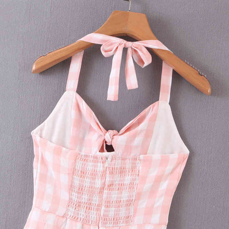 beauty Sweet Chic Pink Plaid Women's Strap Midi Dresses Holiday Style Bow Beachwear Lady's Off Shoulder Party Dress 210514