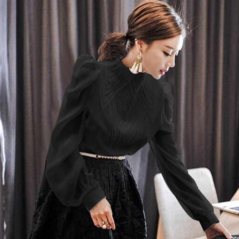 Autumn Korea Fashion Women Stand Collar Lantern Sleeve Chiffon Shirts Female OL Elegant slim White Blouse Ladies Tops S411 210512