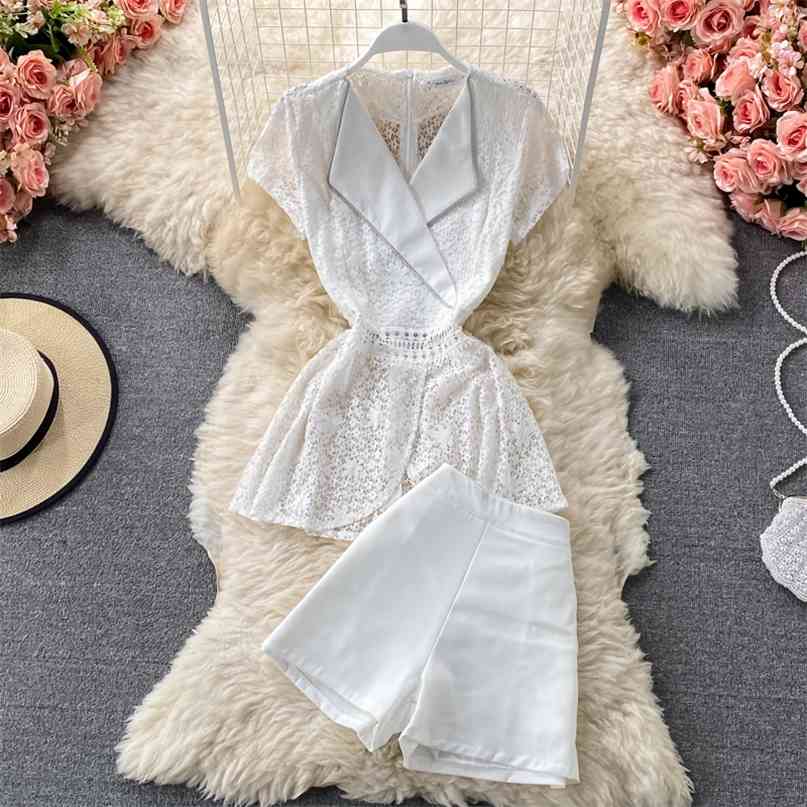 Women Two Piece Set Summer Fashion V-neck Short Sleeve Hollow Out Lace Top + High Waist Shorts Suits Korean Woman Clothing Sets 210603, White
Women Two Piece Set Summer Fashion V-neck Short Sleeve Hollow Out Lace Top + High Waist Shorts Suits Korean Woman Clothing Sets 210603, White