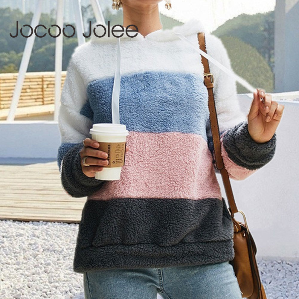 Women Hit Color Striped Hoodies Elegant Autumn Winter Loose Sweatshirts Plus Size Fluffy Fleece Pullover 210428