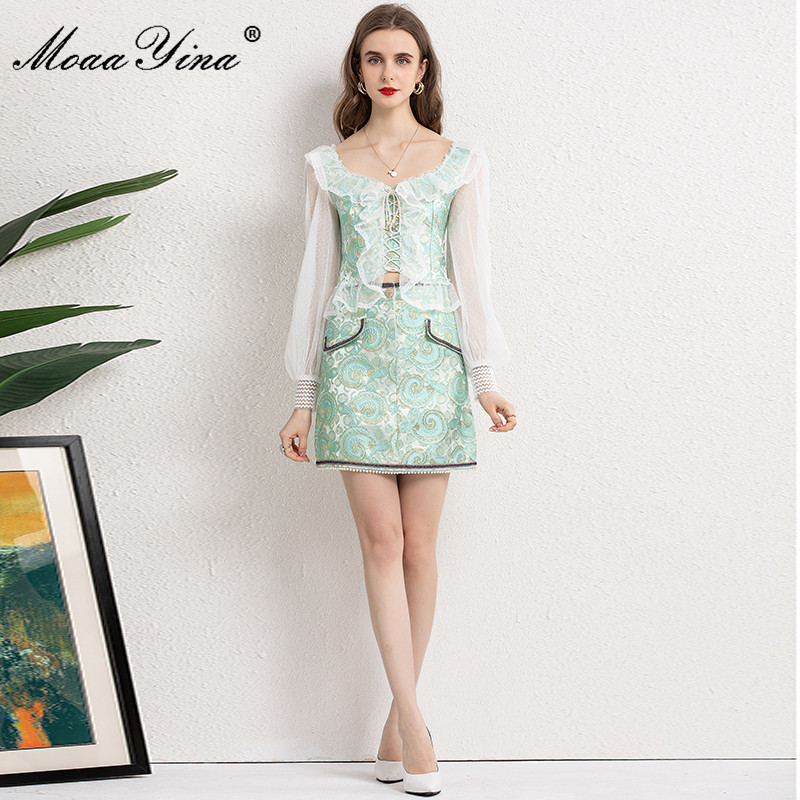 Fashion Runway Summer Short Jacquard Skirts Suit Women's Sexy Ruffle Mesh Long sleeve Tops and 2 Pieces Set 210524