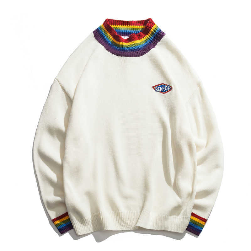 DARK ICON Rainbow Collar Pullover Men's Sweater Winter Loose Style Sweater for Men High Street Sweaters Black White 210818