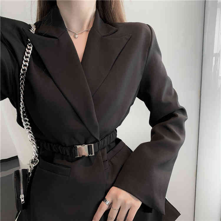 Elegant Women Spring Fashion Office OL Ladies Black Notched Blazers Coat With Belt + White Mini Skirts Suit 210519