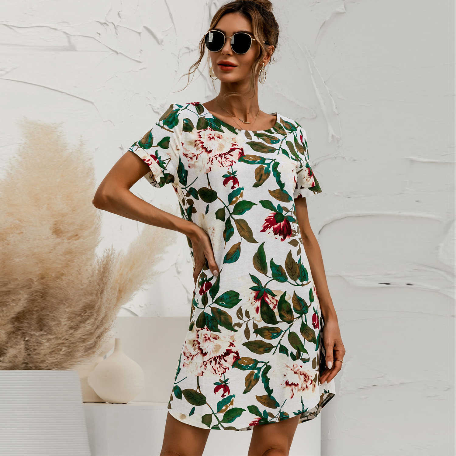 Vintage Floral Print Cotton Linen Dress Summer Women's Casual O Neck Short Sleeve Loose Straight Mini Dresses Vestidos Plus Size 210526