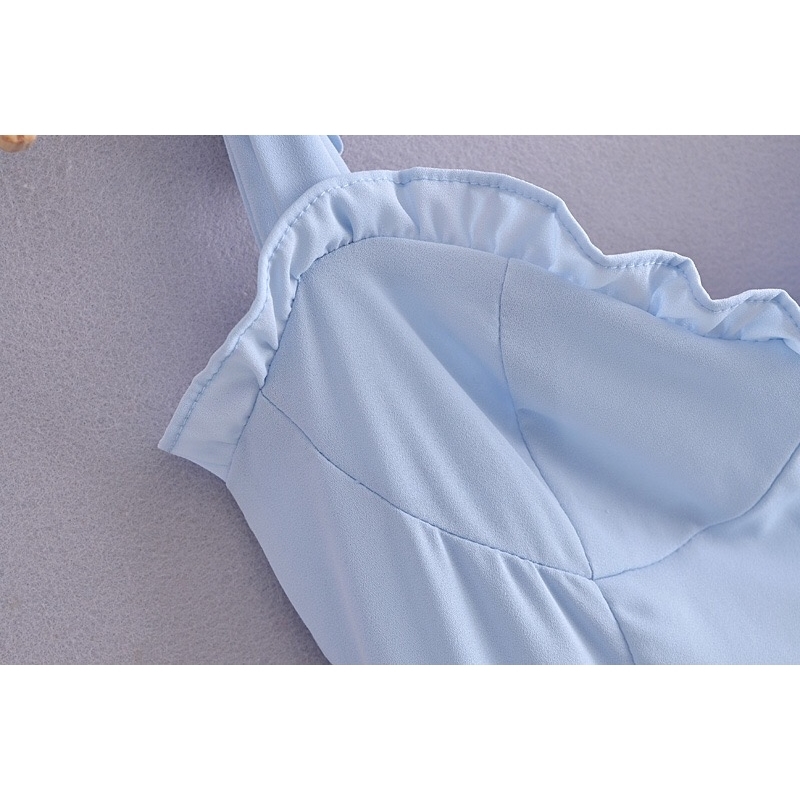 Summer Plain Blue Color Women Sling Dress Ruffles hem Tie Bow Strap Sleeveless Mini Sexy Beach Holiday Vintage 210429