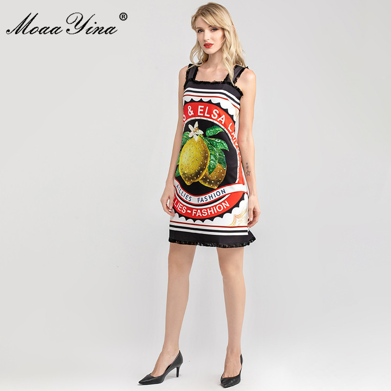 Fashion Runway dress Spring Summer Women's Dress Spaghetti Strap lemon Print Beading Sequined Dresses 210524