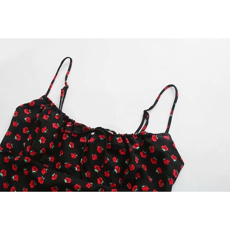 Vintage France Summer Rose Flower Print Spaghetti Strap Short Dress Retro Sexy Women Back Elastic Ruched Sling Dresses Holiday 210429
