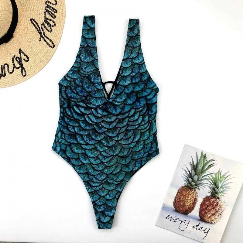 Colysmo Sexy Swimsuit Front After Two Ways Wear Bikinis Fish Scale Print Swimwear Women Cut Out Tie Up Beach Monokini 210527