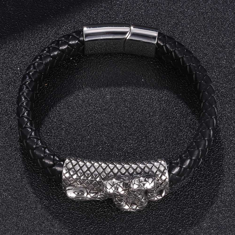 Fashion Stainless Steel Snake Charm Genuine Leather Bracelet