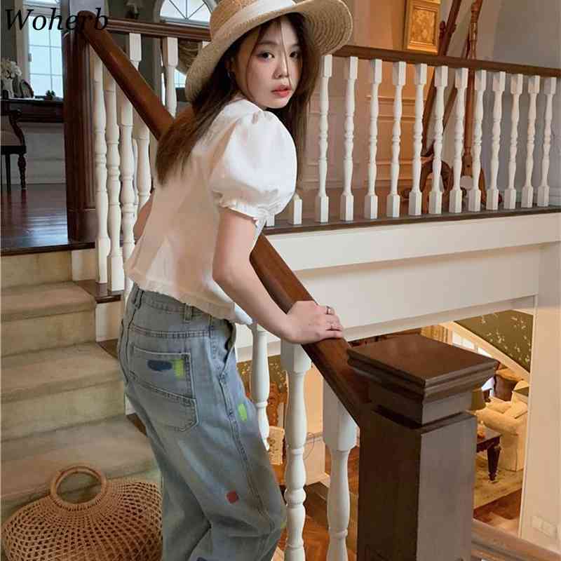 Summer Korean Vintage Chiffon Crop Tops Blouses Women Floral Print Puff Sleeve V-neck Sshirt Chic Ladies Blusas 210519