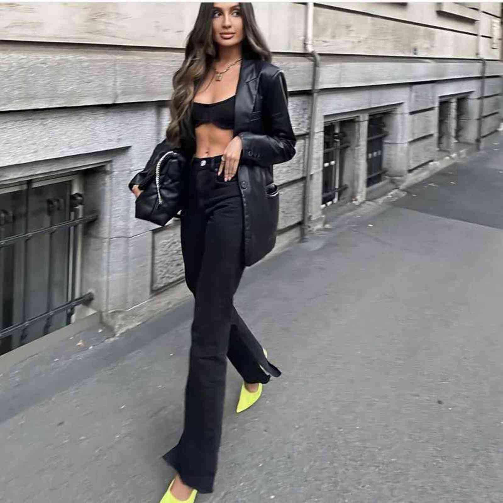 Woman Vintage Black Basic Leather Blazer Autumn Casual Female Solid Long Sleeve Pu Outwear Ladies Cool Straight Blazers 211122