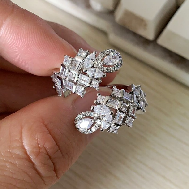 Real Sterg Sier Water Drop White Topaz Adjustable Ring for Women