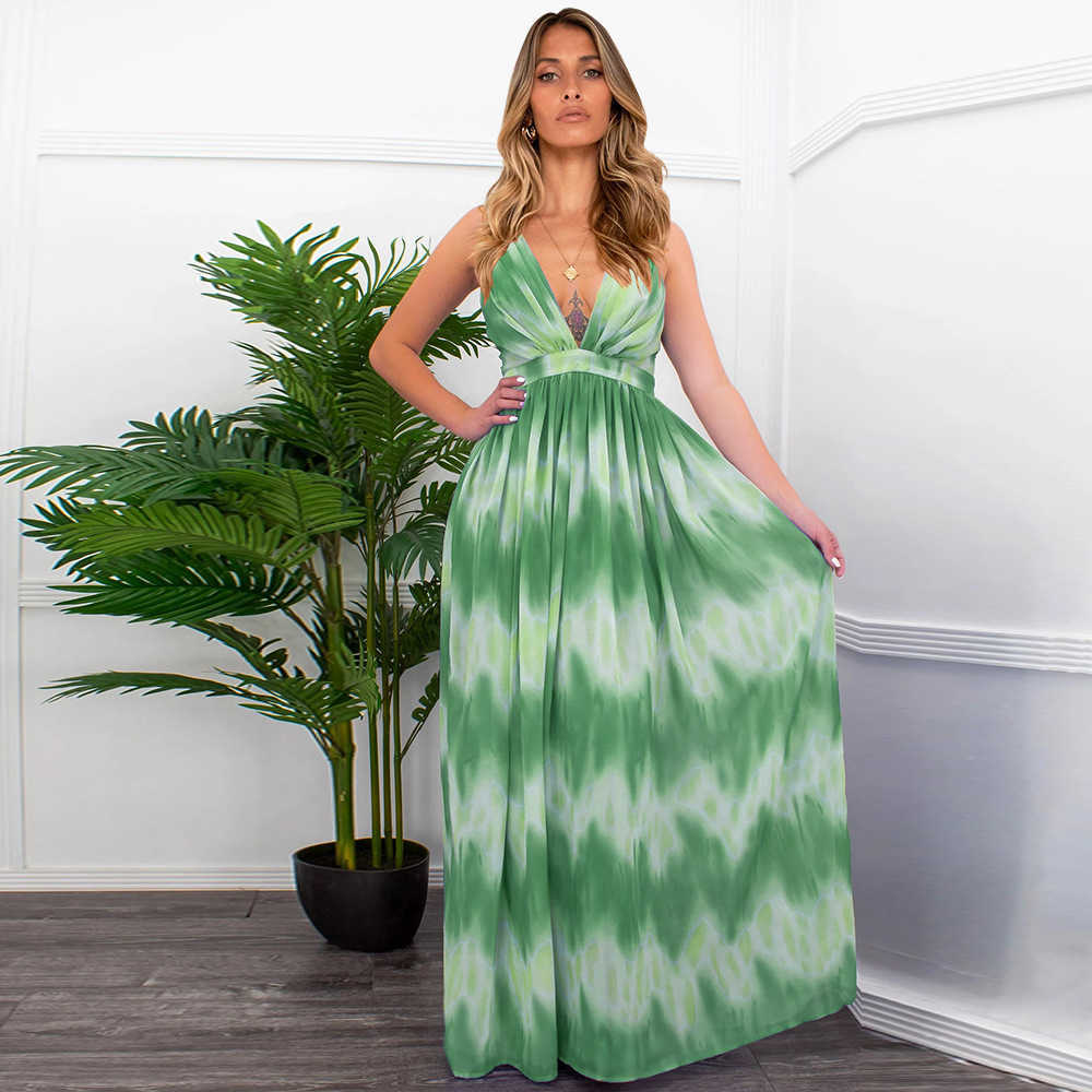 Summer Women Beach Maxi Dress Casual Gradient Striped Print High Waist Backless Sexy V Neck Suspender Boho Long Dresses 210526