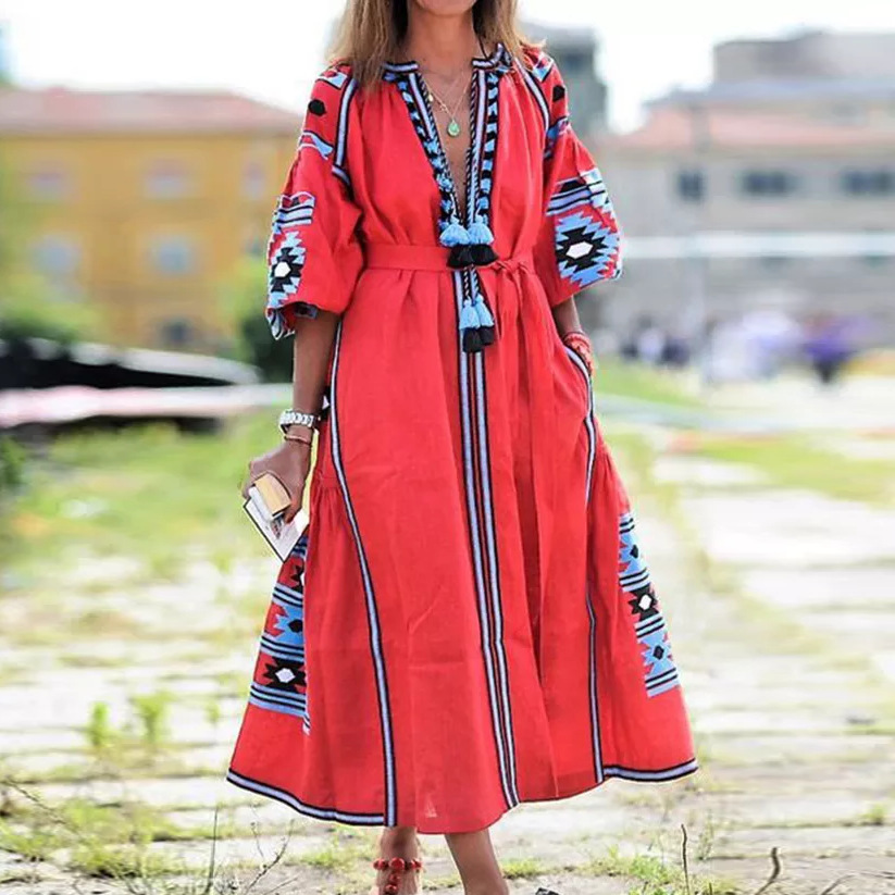 Women Dress Lantern Sleeve V-neck Printing Dresses Plus Size Yellow Blue Red Green Long Summer Clothes 210524