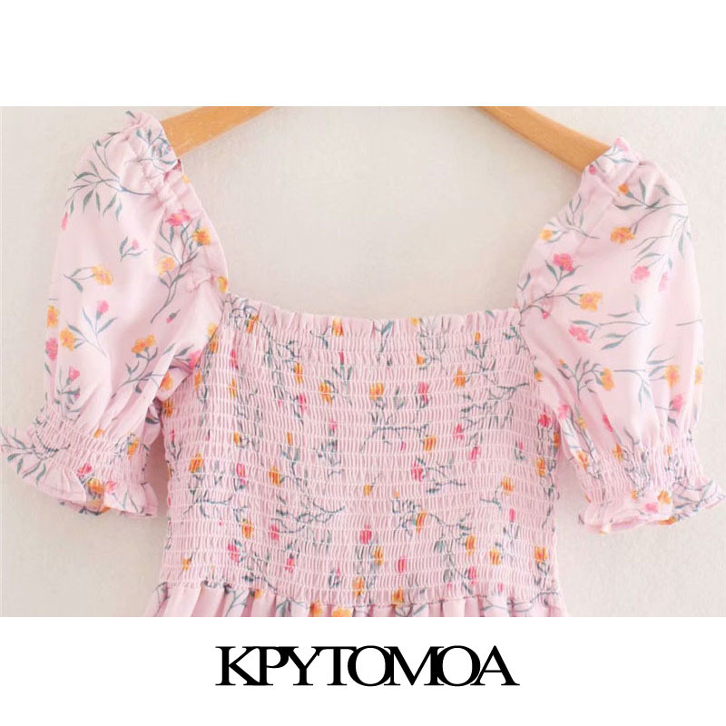 Women Chic Fashion Floral Print Ruffles Mini Dress Puff Sleeves Smocked Female Shirts Blusas Tops 210420