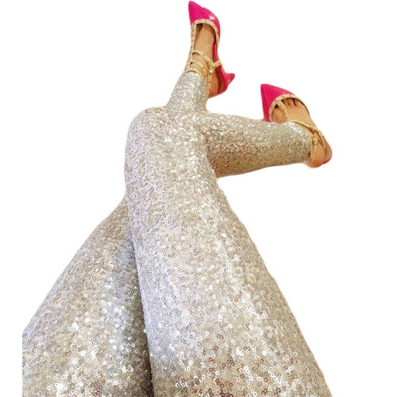 Gold Sequined Leggings Trousers Full Sequin Pants Anti Emptied Slim Was Thin Pencil 211215