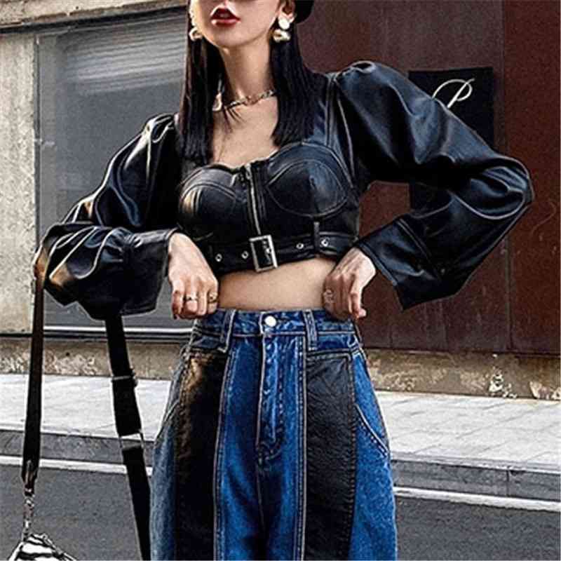 Streetwear Women Faux Leather Jackets Fashion Ladies Zipper Sashes Coats Sexy Female Chic Square Collar Short Jacket 210430