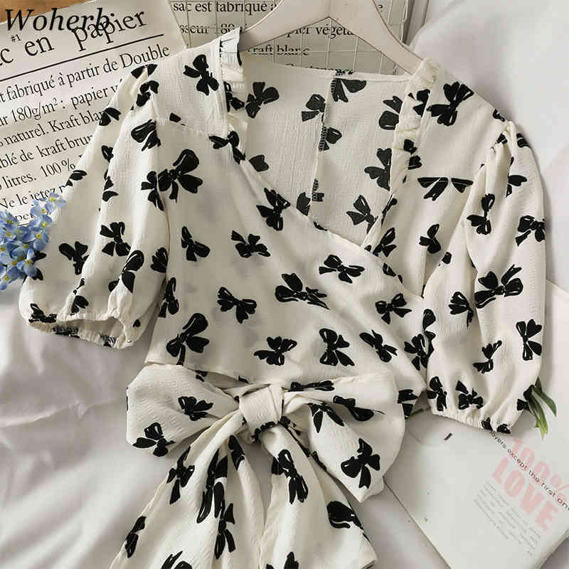 Bandage Bow Print Crop Tops Women Summer Blouses Chiffon Puff Sleeve Shirts Chic V Neck Fashion Simple Blusas Mujer 210519