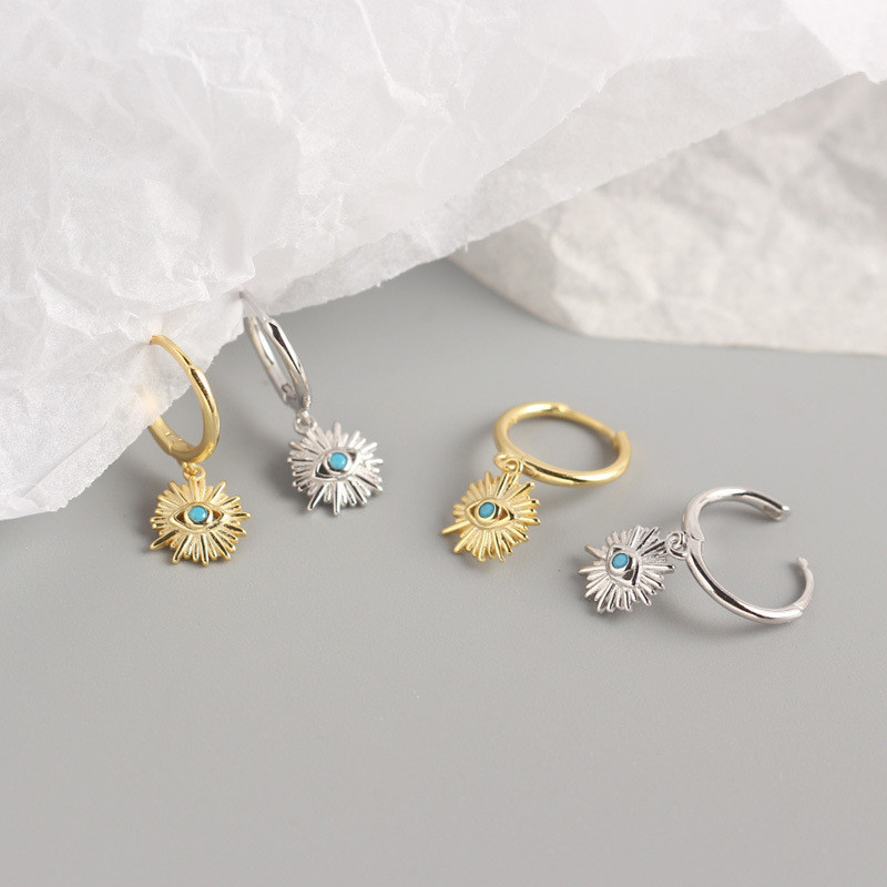 WANTME Geometric Round Real 925 Sterling Silver Blue Zircon Demon Eye Stud Earrings for Women Evil Eyes Ear Hoop Jewelry 210507