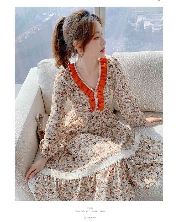 Elegant Ruffle V-Neck Floral Printed Party Dress Female Vintage Spring Fashion High Waist Chic Midi Vestido 210519