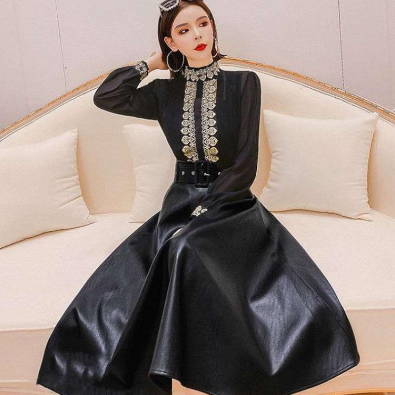 Spring Women Two Piece Set Elegant Flower Embroidery Chiffon Shirt Tops + High Waist Pu Leather Midi Skirt Suit Women's Tracksuits