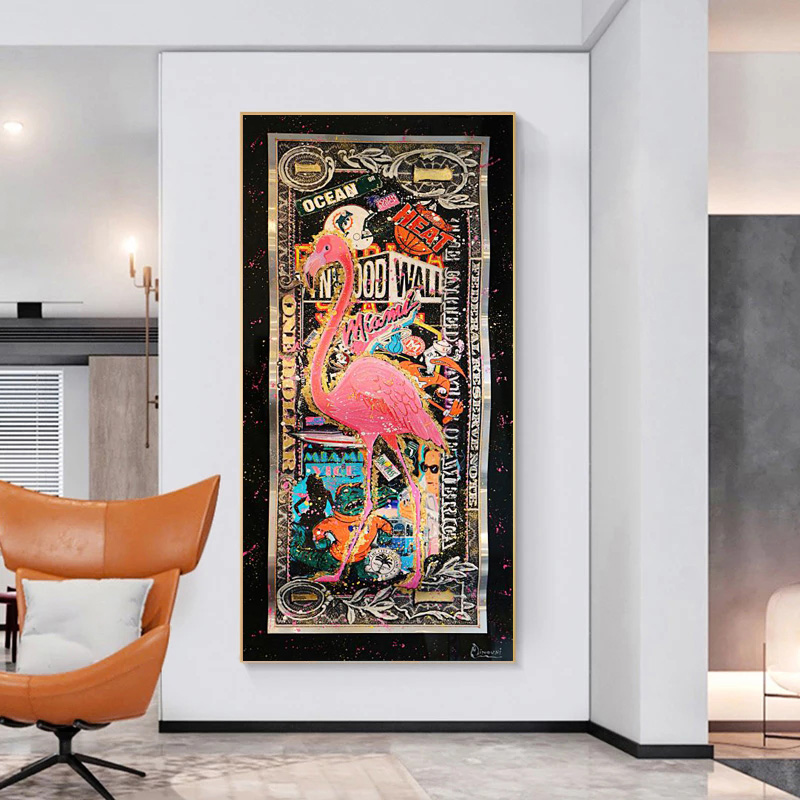 Graffiti Flamingo On Golden Dollar Abstract Art Prints Money Pictures On Canvas Wall Painting For Living Room Home Decor Posters