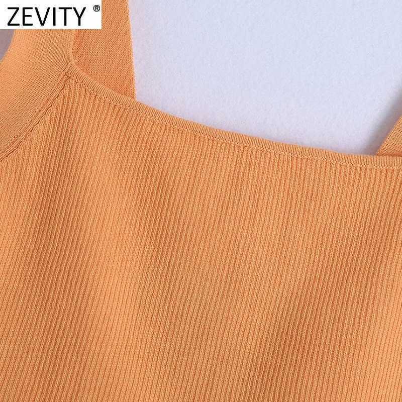 Zevity Women Spaghetti Strap Orange Color Chic Camis Tank Lady Summer Back Lower Knitting Short Sling Vest Crop Tops LS9177 210625