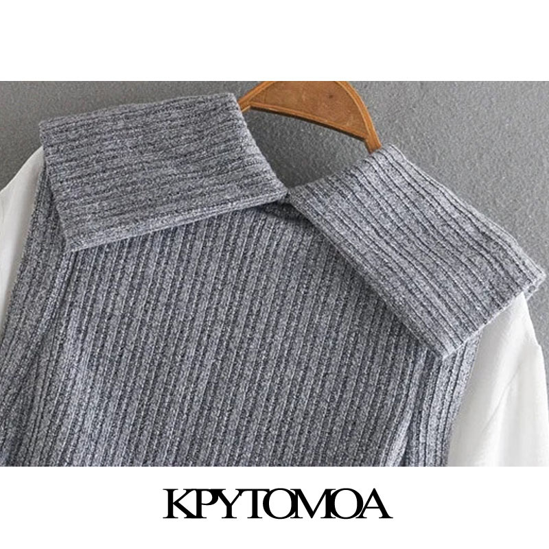 KPYTOMOA Women Fashion With Bow Tied Patchwork Loose Blouses Vintage Long Sleeve Elastic Trim Female Shirts Chic Tops 210317