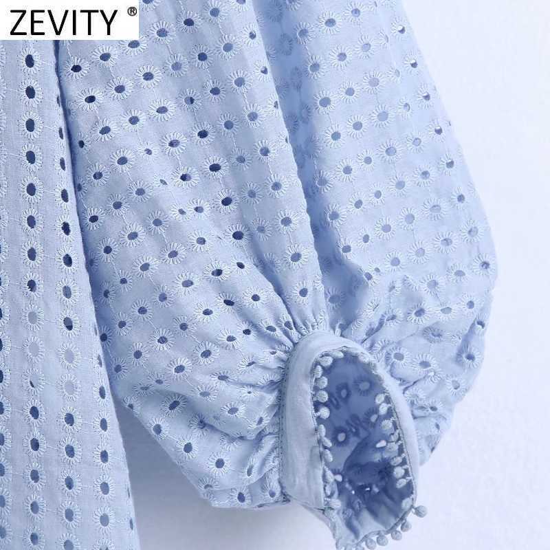 Zevity Women Vintage Hollow Out Embroidery Casual Smock Blouse Female Lantern Sleeve Button Up Shirt Roupas Chic Tops LS9355 210603