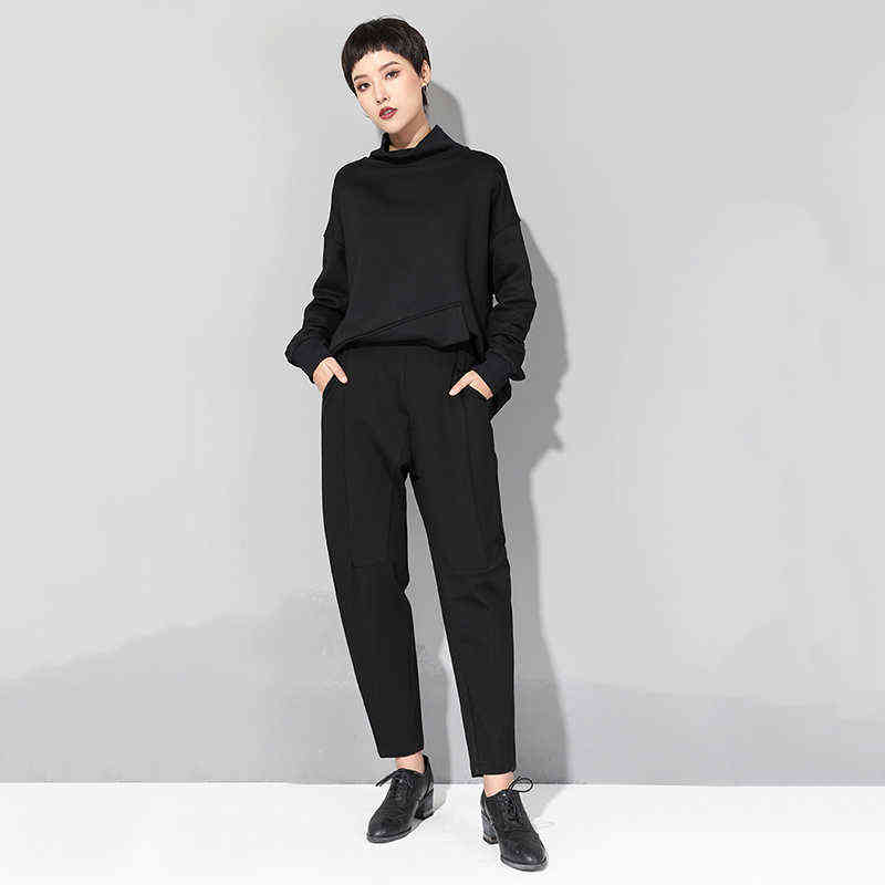 Spring Autumn High Elastic Waist Black Loose Patchwork Split Joint Brief Pants Women Trousers Fashion JQ013 211115