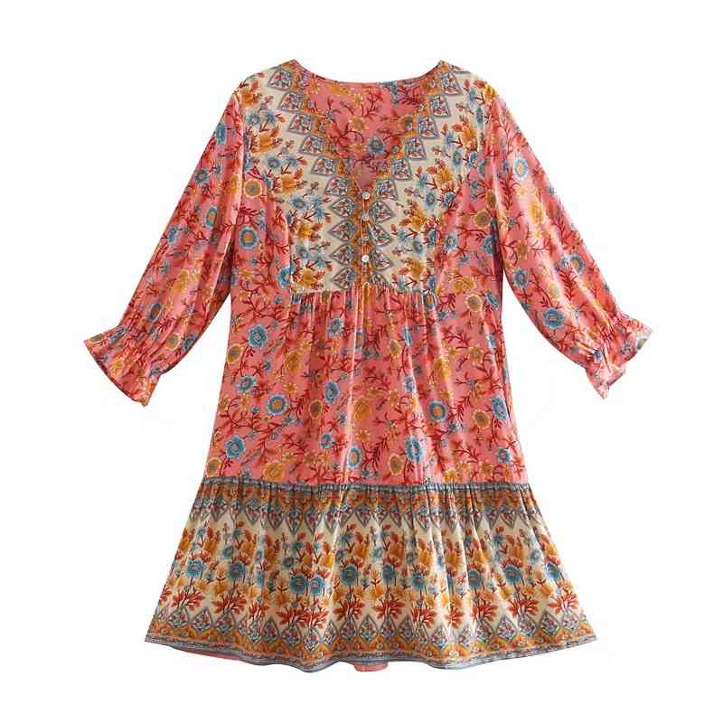 Bohemian Open Buttons Hit color Floral Print Short Dress Hippie 3/4 Sleeve Woman Holiday Dresses BOHO 3 Colors 210429