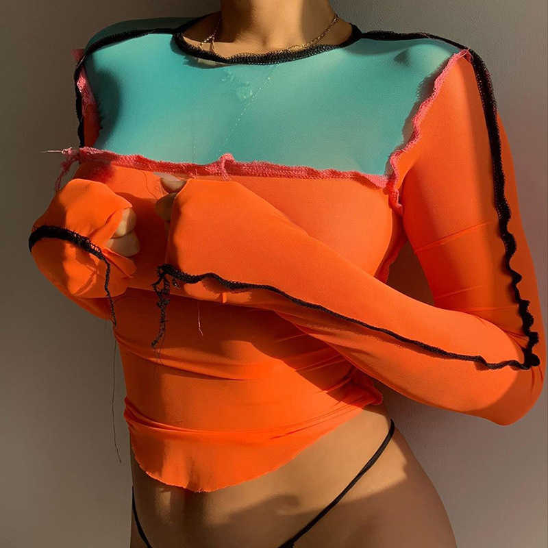 WOMENGAGA Autumn Women's Mesh Stitching Patchwork Contrast Color Full Sleeve T-shirt Sexy Tops 7E0L 210603