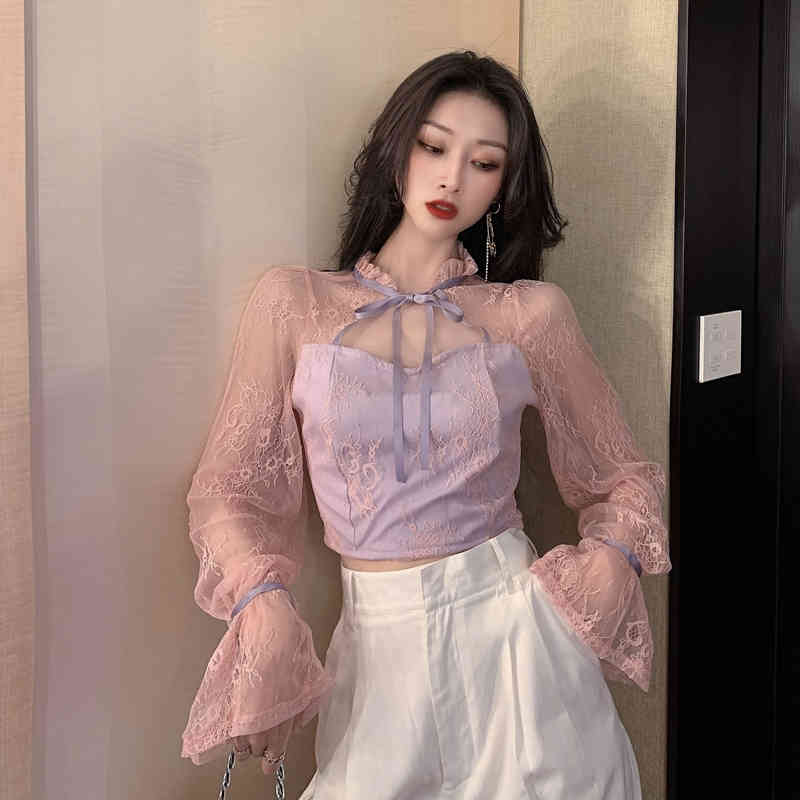Nomikuma Korean Perspective Patchwork Lace Shirt Korean Bow Tie Stand Neck Flare Long Sleeve Blouse Spring New Blusas 6D730 210427