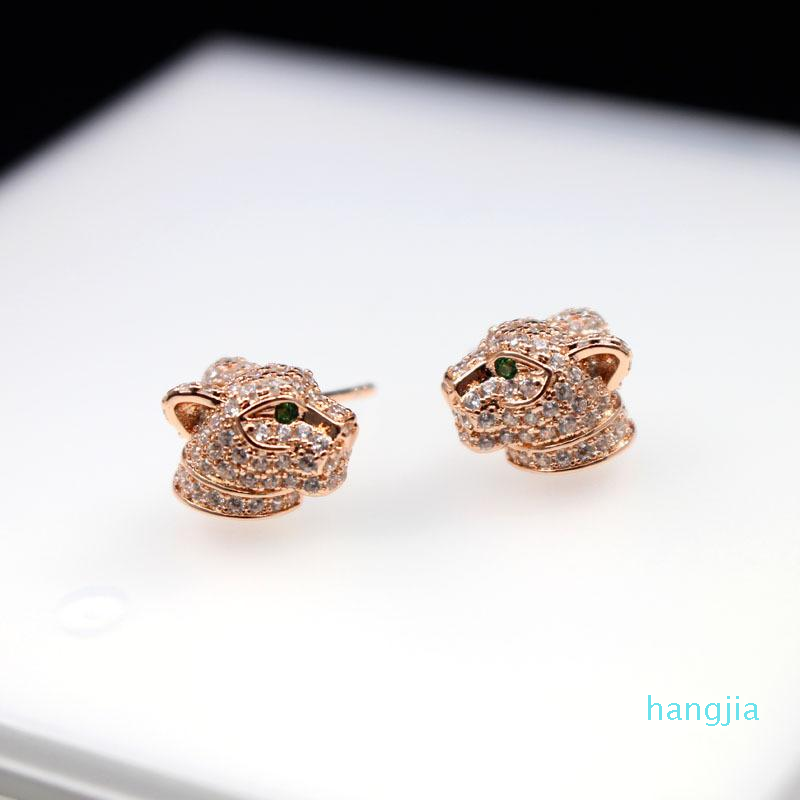 Leopard Head Green Eyes Stud Earring 925 Sterling Silver Full Zircon Beads Panther Women Animal Bridal Jewelry