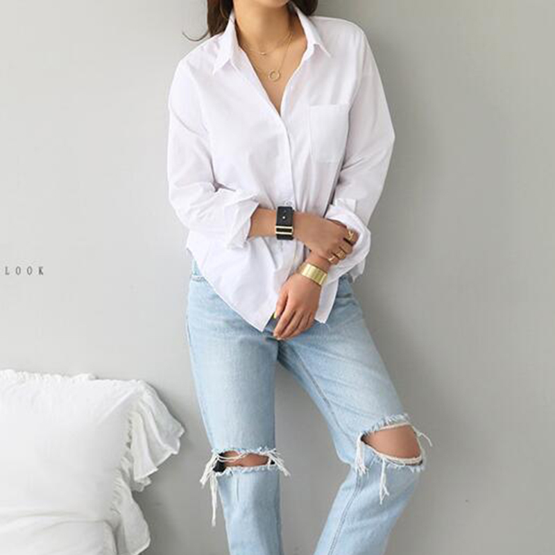 Spring Autumn Korea Fashion Women White Shirt Female Blouse Tops Office Lady Long Sleeve Turn-down Collar Loose Blouses S206 210512