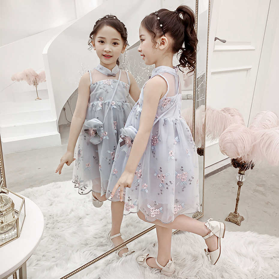 Kids Dresses For Girls Floral Girls' Sleeveless Children Mesh Dress Cute Style Costume 6 8 10 12 14 210528