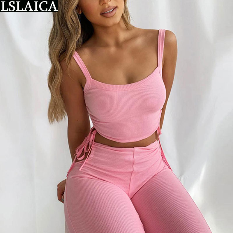 2 Piece Sets Womens Outfits Pink Tank Top&long Pants Drawstring Lacing Up Two Set Hollow Out Sexy Bodycon Conjunto Mujer 210520