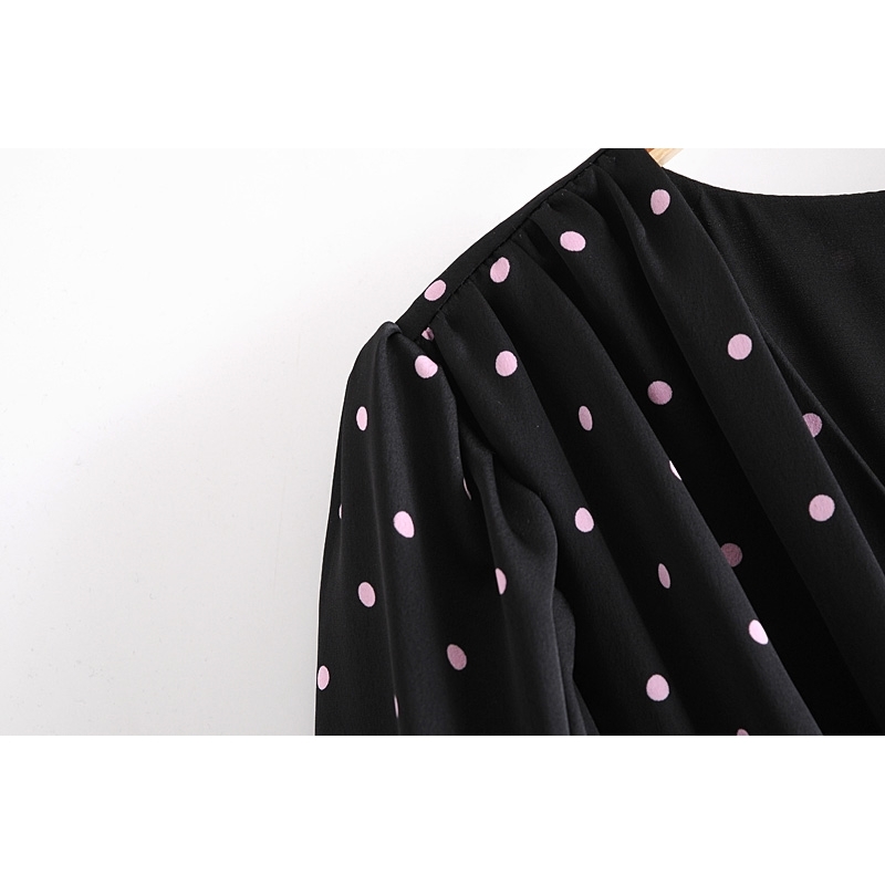 Retro Women Pink Polka Dot Print Black Long sleeve Mini Dress Sexy Pleated Ruched Hollow Out Back Party Dresses 210429