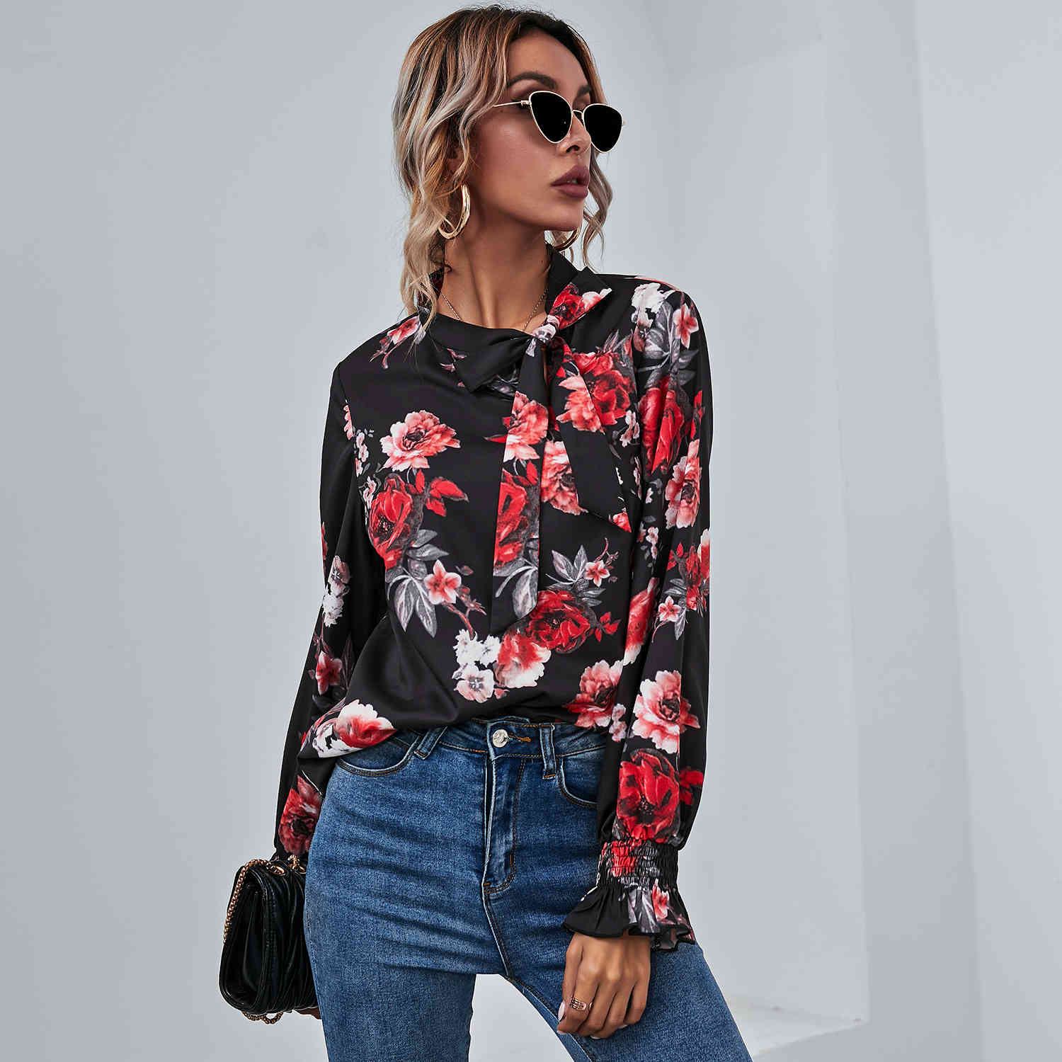 Spring Summer floral printed long sleeve black pullovers shirt Fashion Office Lady wear ruffles loose 210524