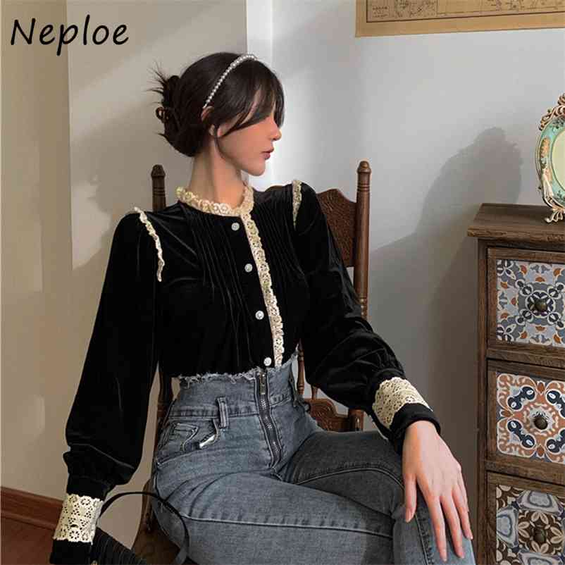 Elegant Lace Patchwork Velour Blouse Women Stand Collar Long Sleeve Single Breast Blusas Spring Shirt Feminino 210422