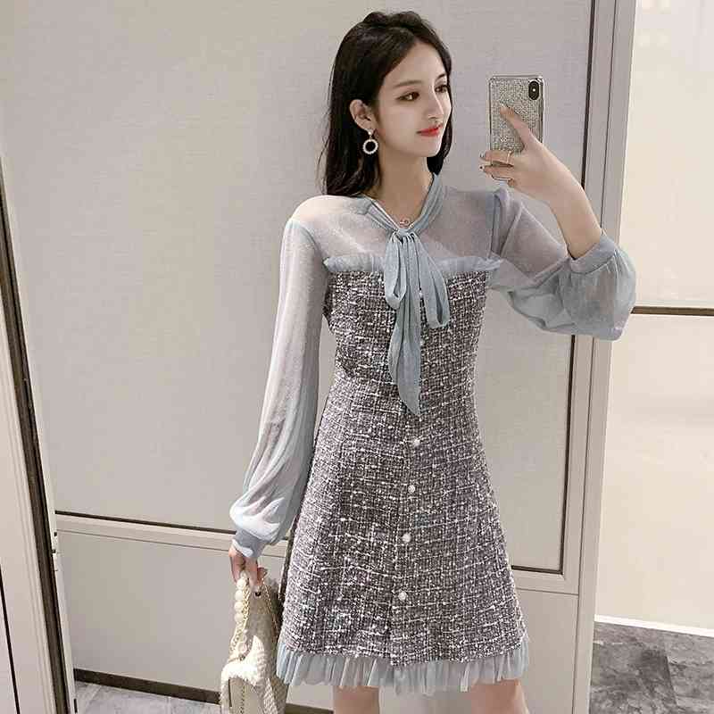 Spring Tweed Dress Office Fashion Knee-Length Ladies Long Sleeve Chic Patchwork Ruffle Vestidos 210520