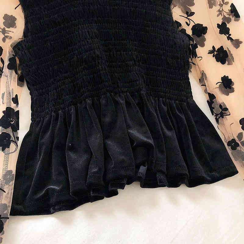 Spring Autumn Velvet Blouse Women Mesh Floral Sleeve Patchwork Tops Female OL Casual Blouses Korean Elegant Blusas 210519