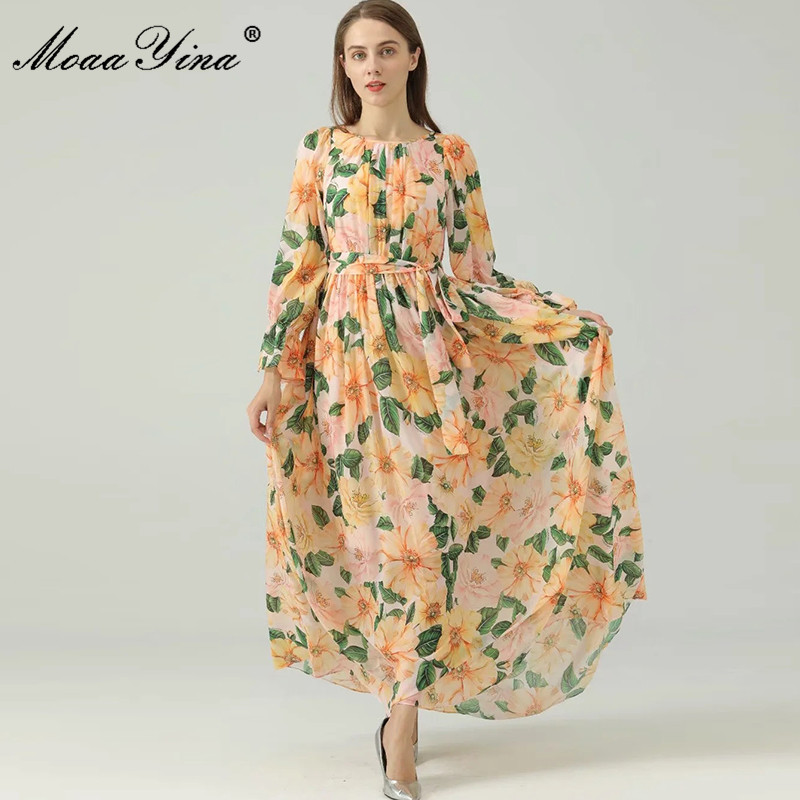 Bohemia Summer Runway Long chiffon Dresses Women sleeve Floral Print O-neck Vacation Maxi Dress 210524